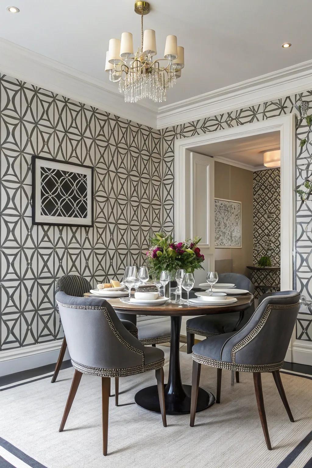 A dining room with bold geometric pattern wallpaper, offering a modern aesthetic.