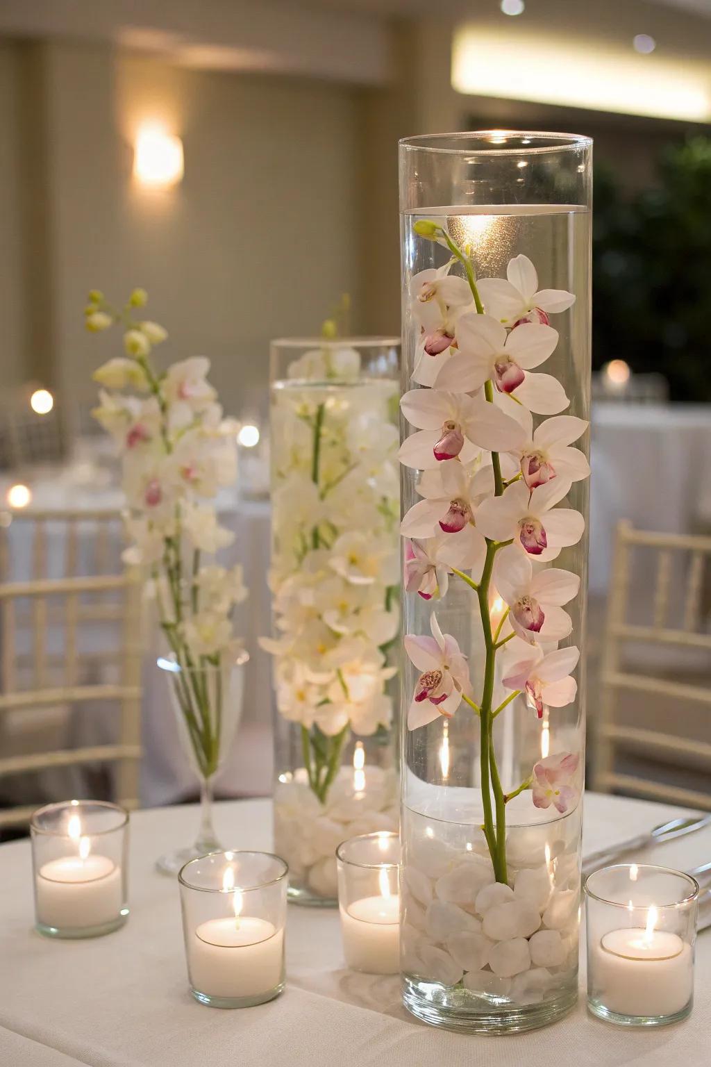 Submerged orchids craft an ethereal focal point.