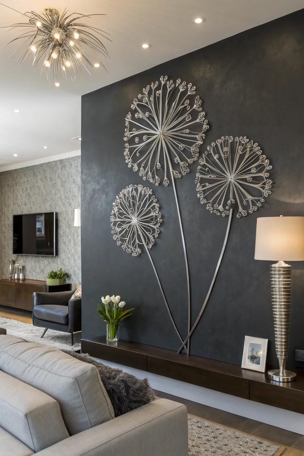 Sculptural wall art imparts a modern twist to dandelion decor.