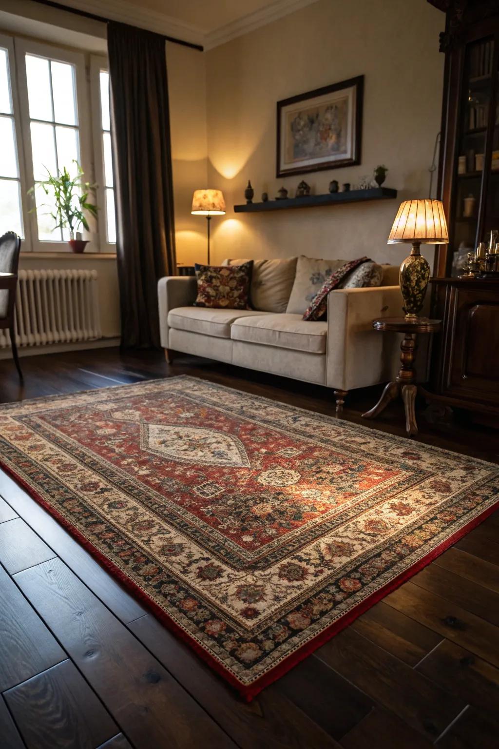 Oriental rugs contribute color and cordiality to the parlor.