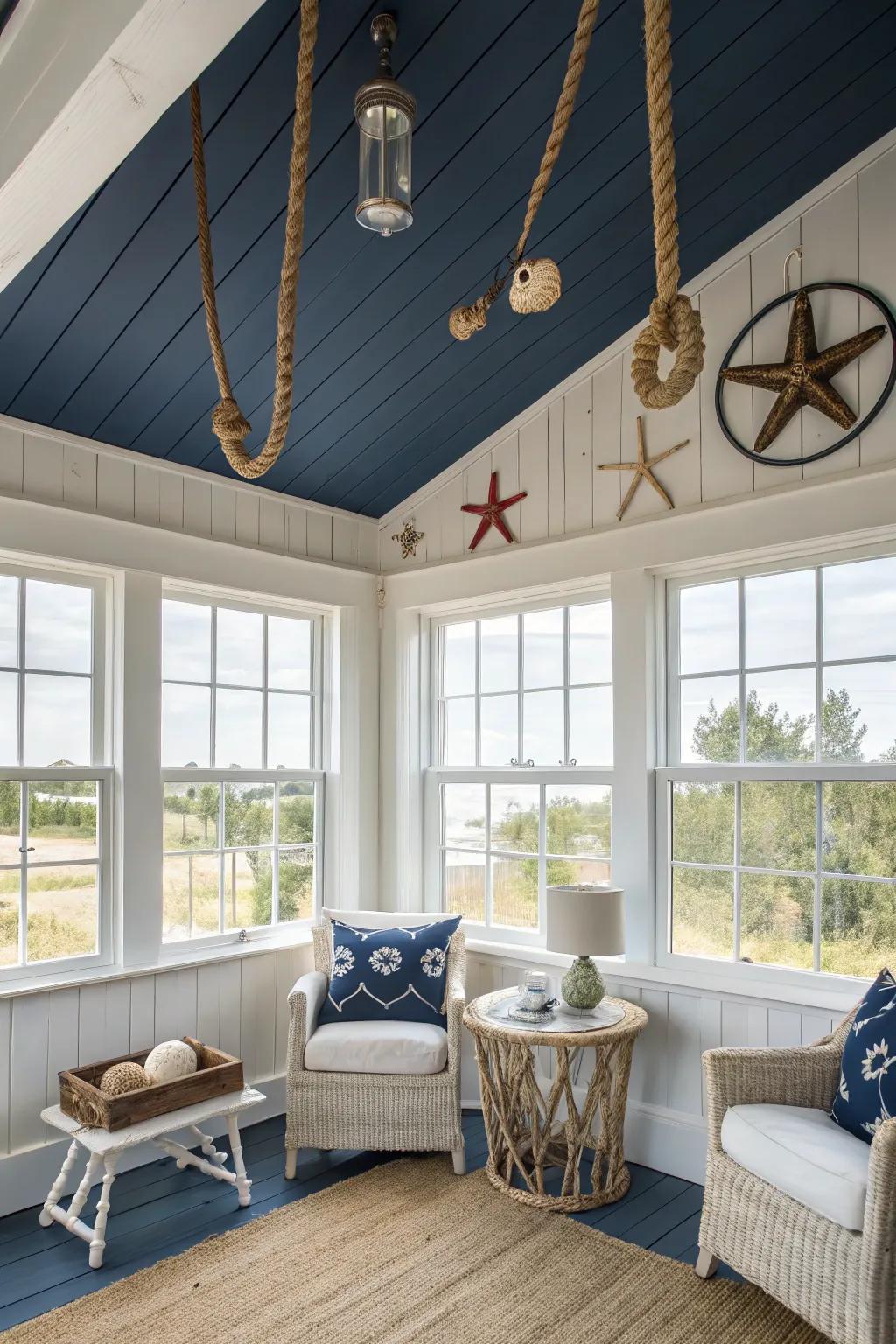 Seaside sensations with a dark blue ceiling.