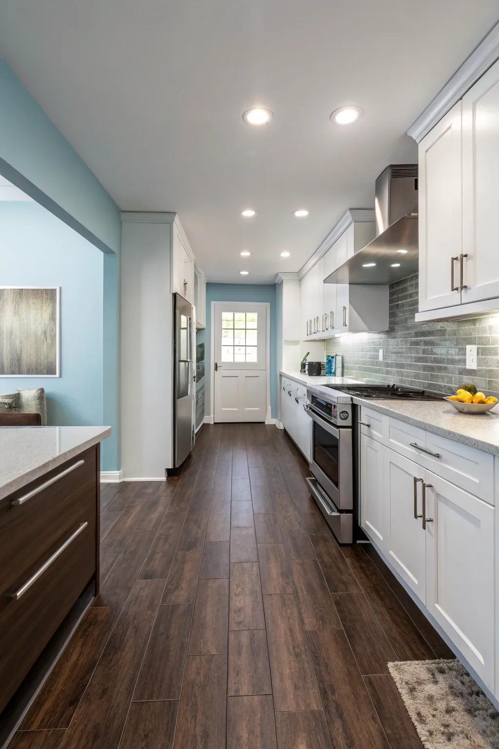 Pale smoky blue walls introduce a chic and modern element.
