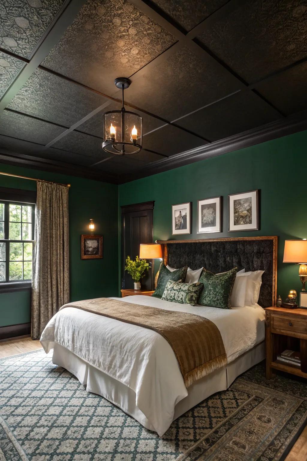 A charcoal ceiling paired with deep green walls creates a cozy cocoon.