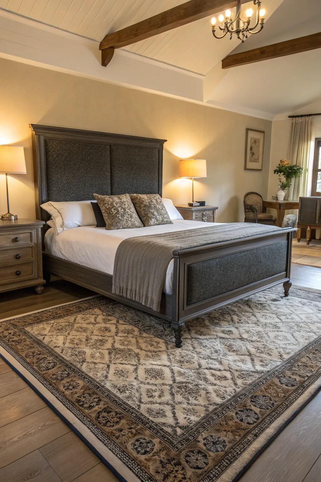 Opulent components emphasize the refinement of a shadowy grey bed frame.