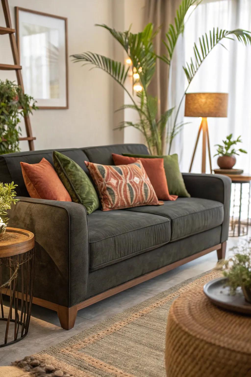 Natural pigments lend grounding warmth to a charcoal loveseat.