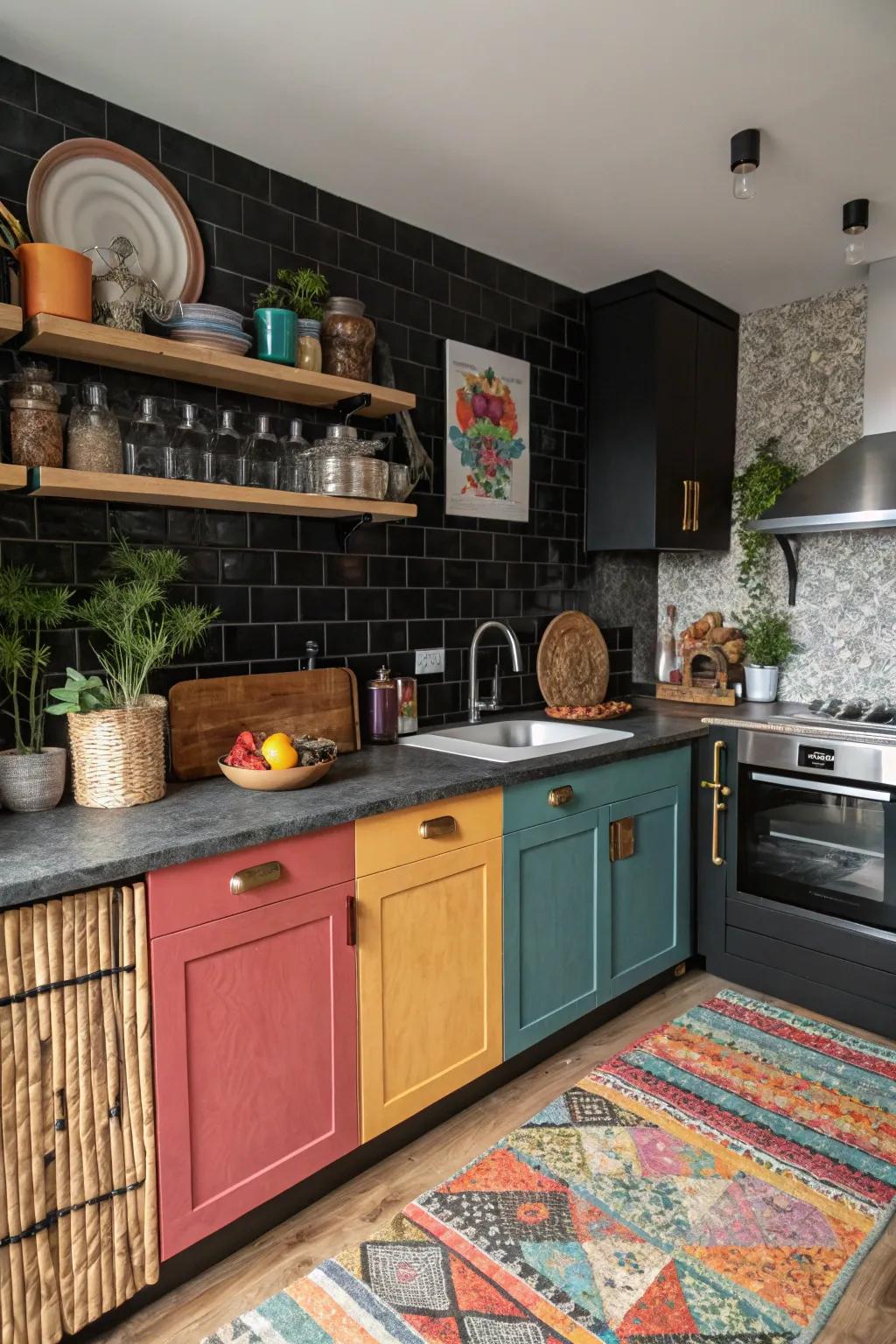 An eclectic kitchen design spotlighting a mixed-material, deep-toned backsplash for enhanced dimension.