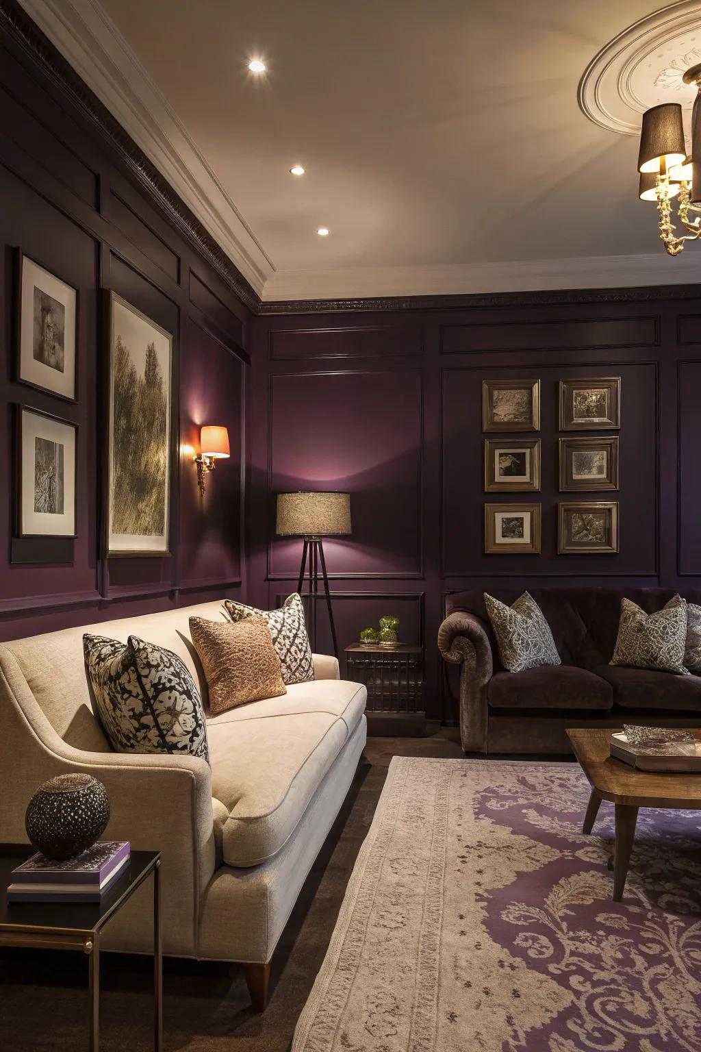 A deep violet highlighted wall adds depth and focus to this chic living space.