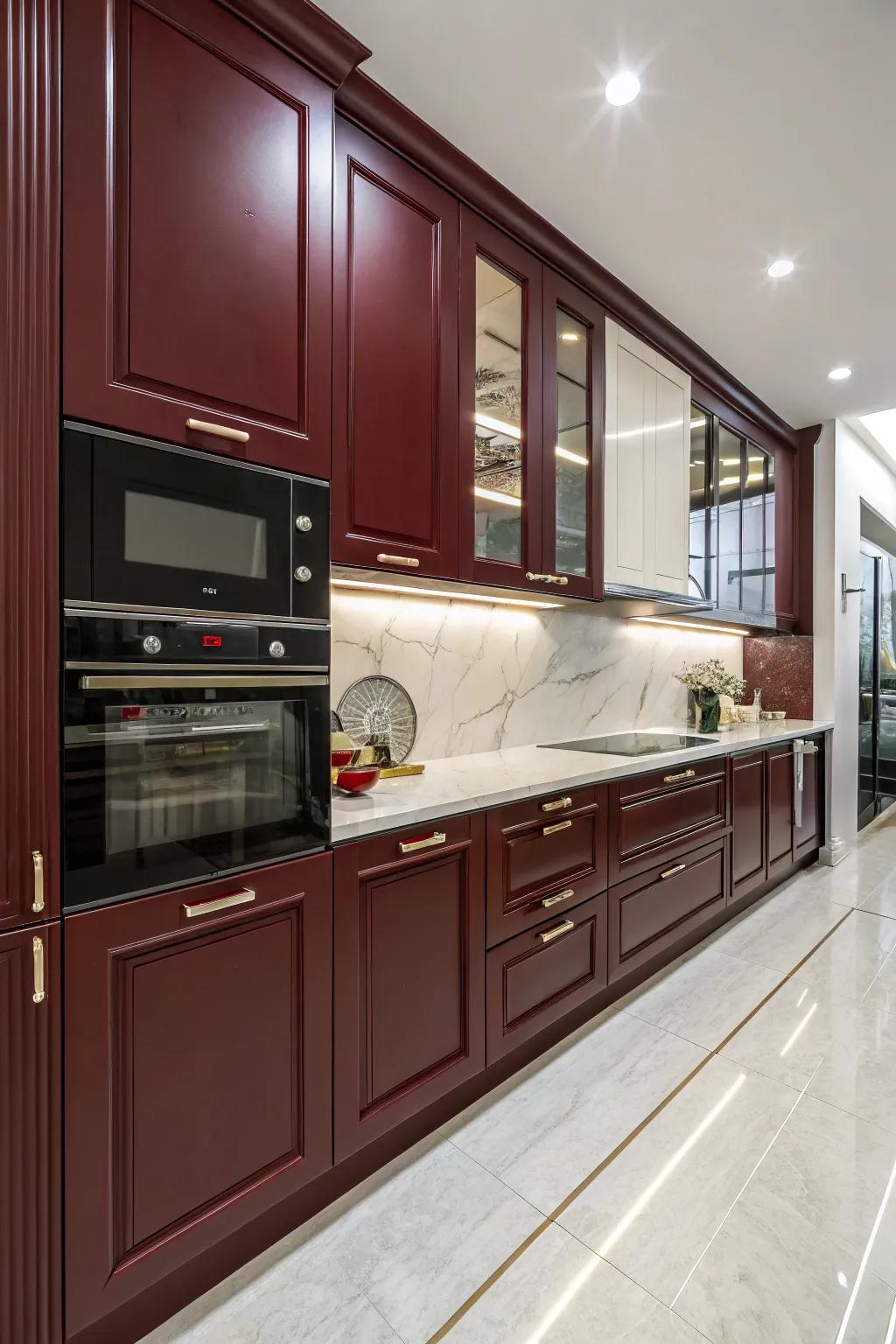 Dynamic kitchen with a blend of reflective and non-reflective dark red cabinets.