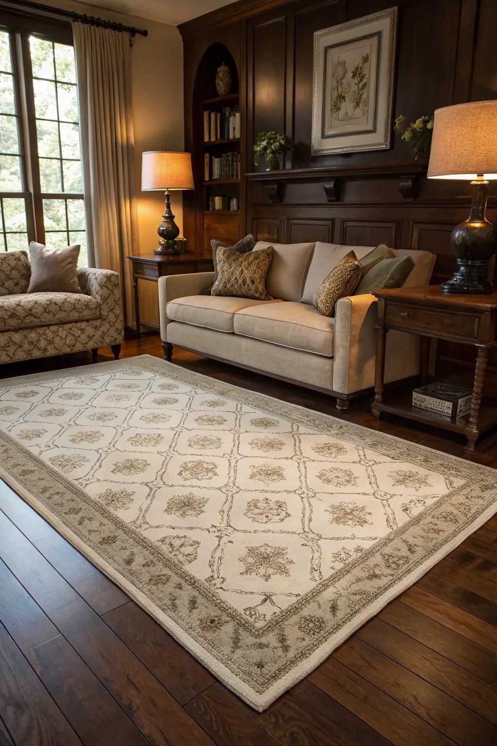 Layered rugs contribute warmth and separation on dark wood floors.