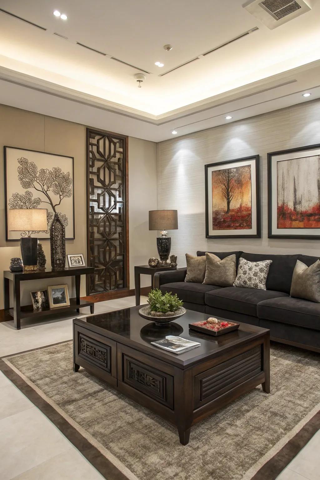 Modern artwork complements the elegance of deep-toned timber.