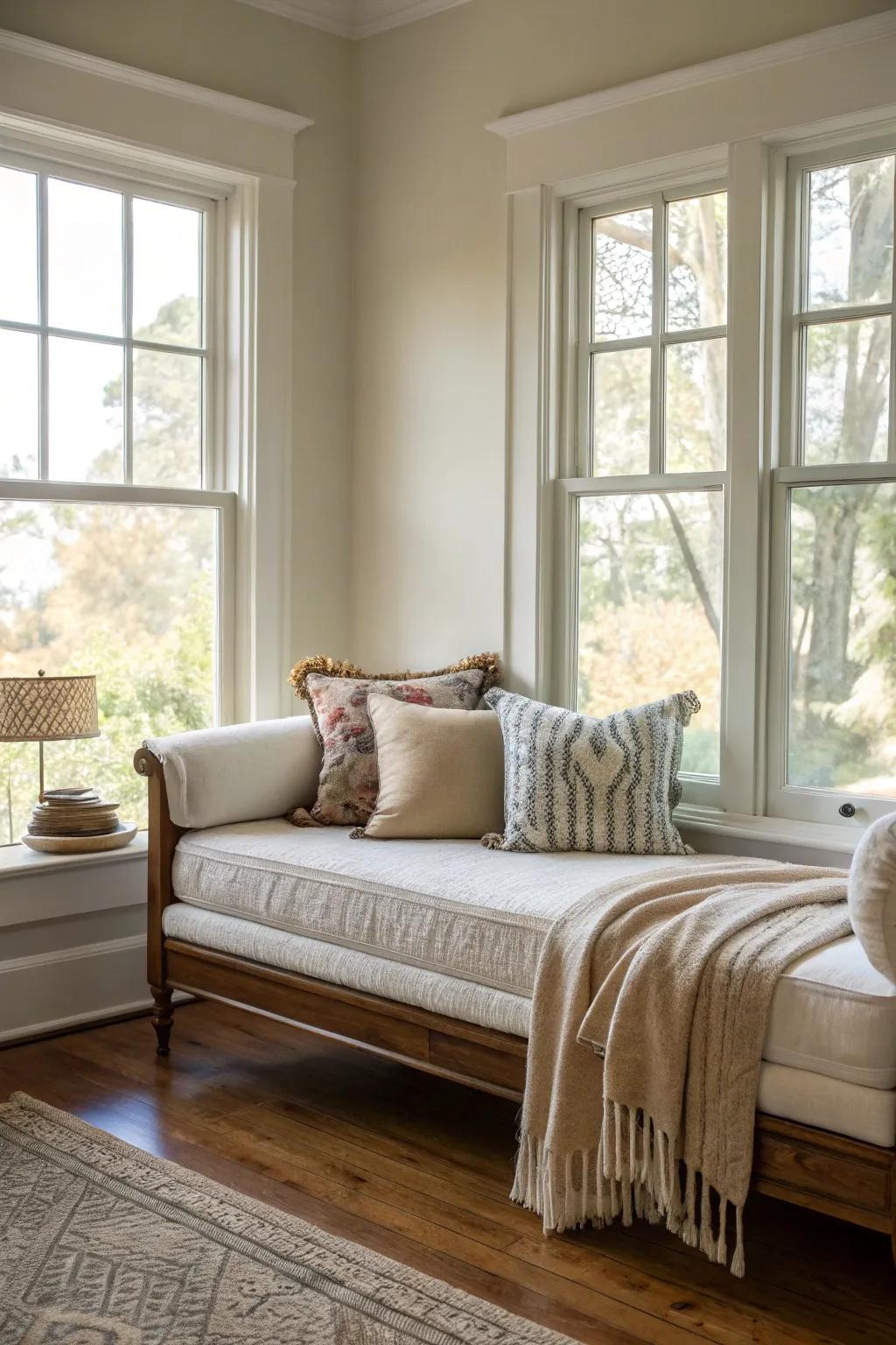 A daybed beneath a window maximizes natural light.