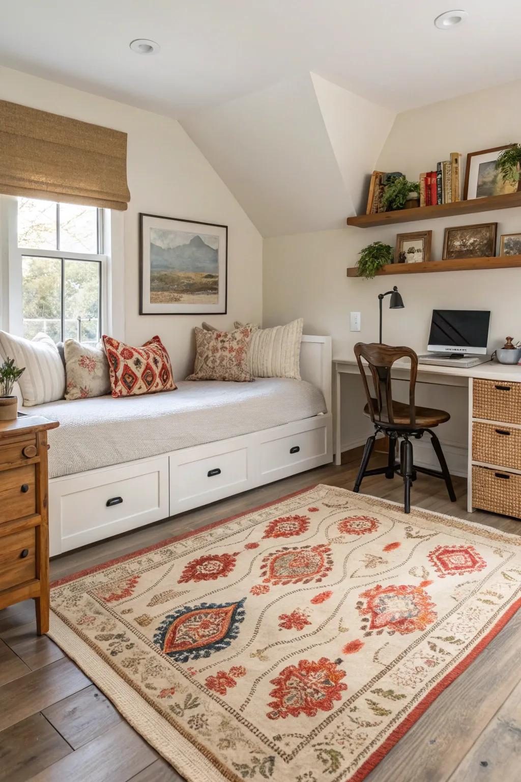 Floor coverings help define zones and add warmth to a multi-functional room.