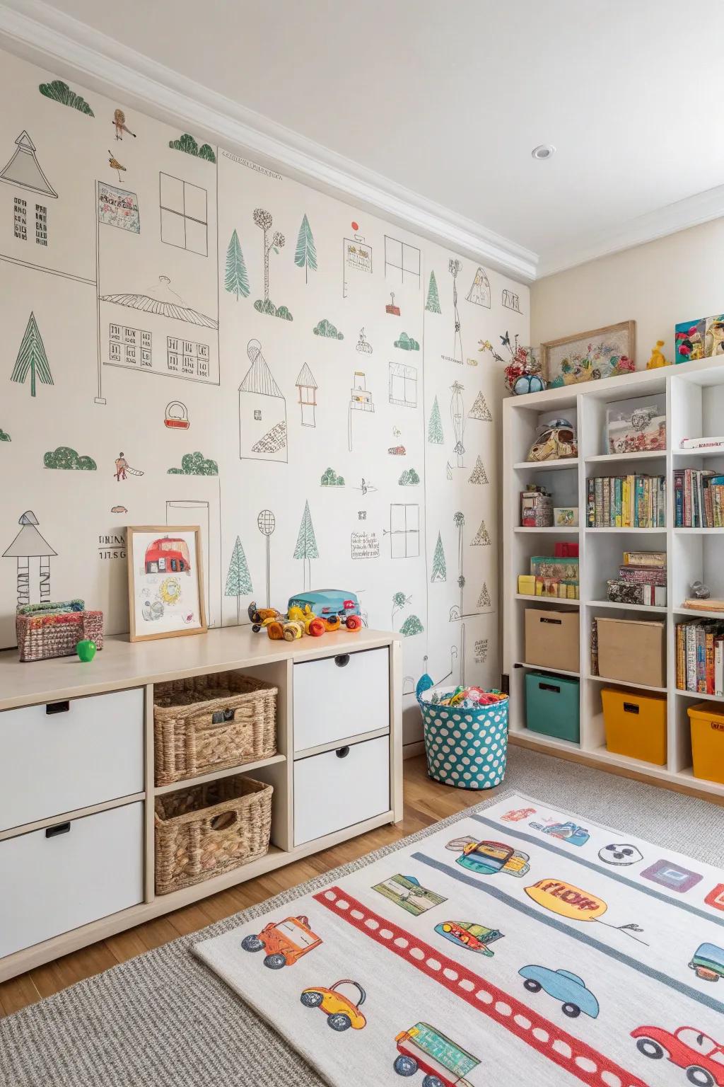 A daycare area with lively shelving-themed wallcovering.