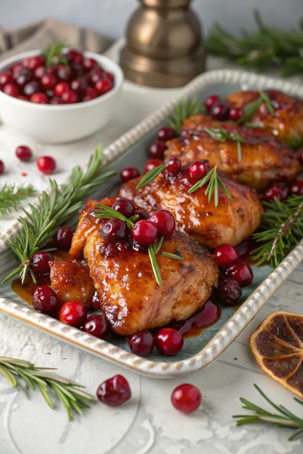 Cranberry coated chicken, a great way to add some holiday cheer to your December dinners.