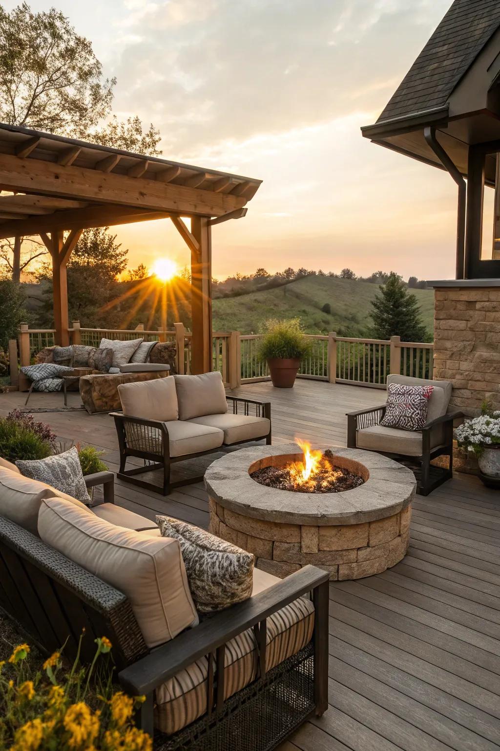 A lowered fire feature zone creates an inviting and opulent patio element.
