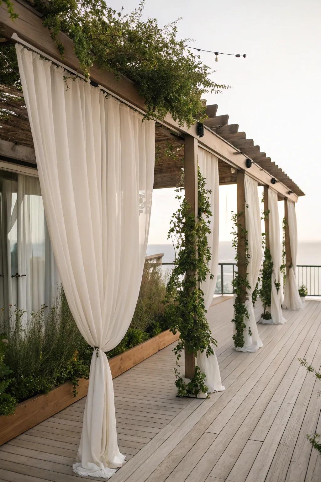 Curtains adding elegance and privacy to a pergola on a deck.