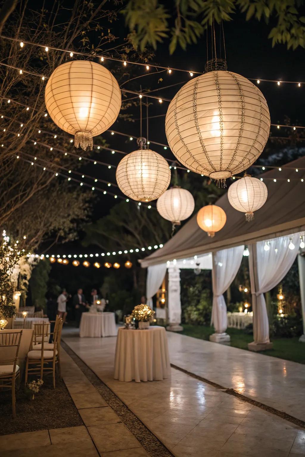 Suspended lanterns imparting enchantment to a nuptial venue.