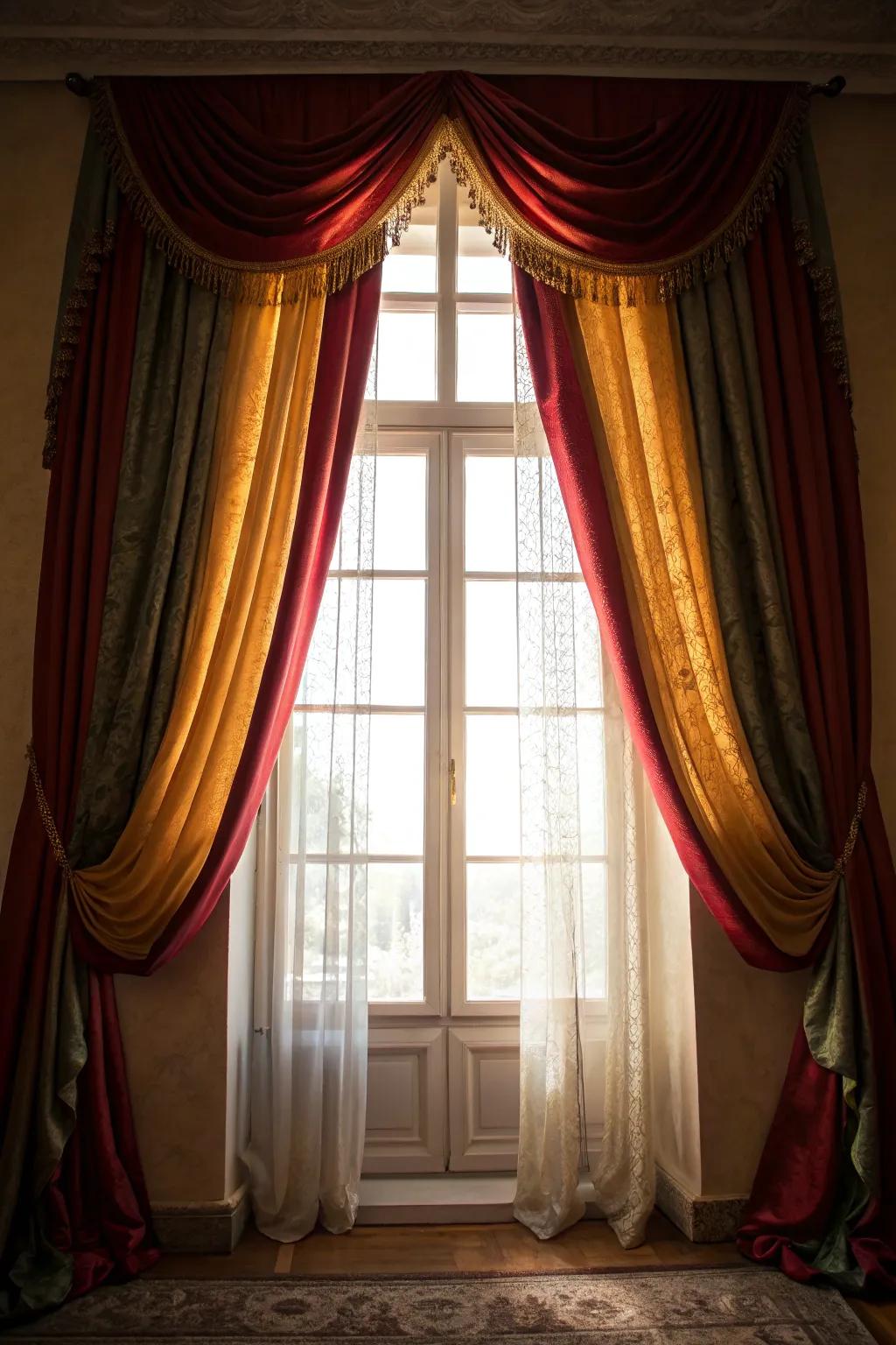 Striking drapes frame windows and add flair.