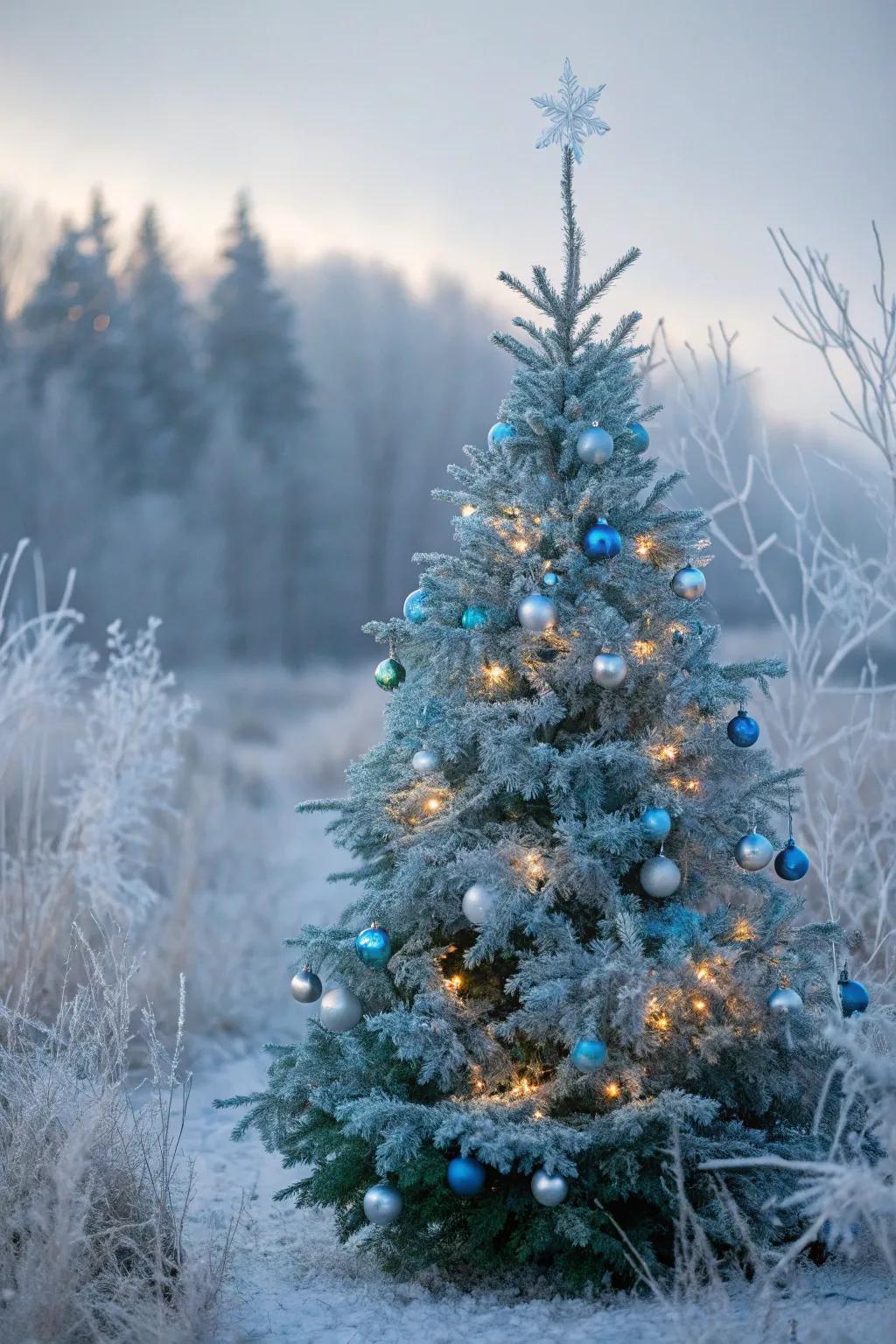 A crystalline wonderland Yuletide tree using icy lights and crystal decorations.