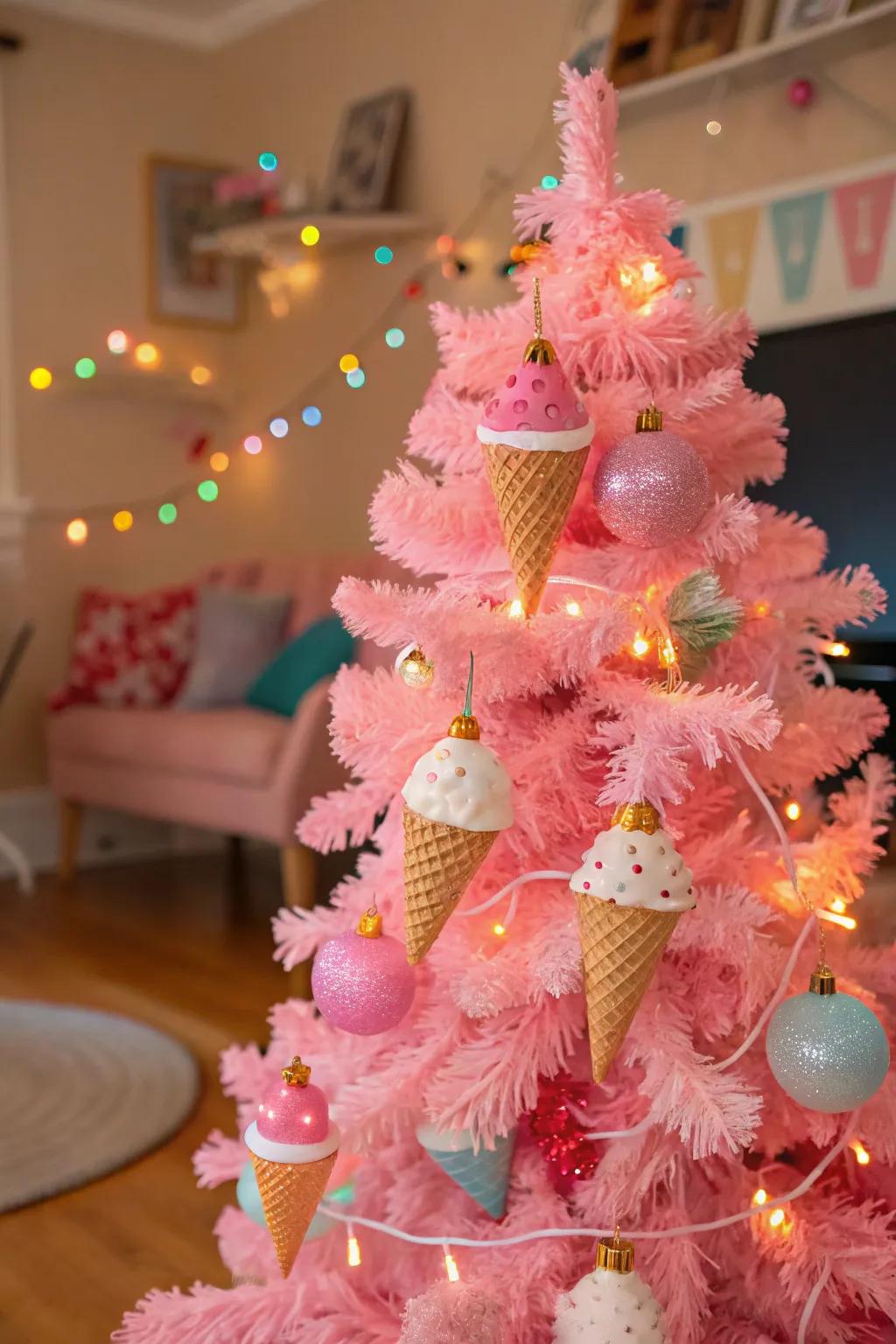 A delightful tree ornamented with frozen dessert decorations.