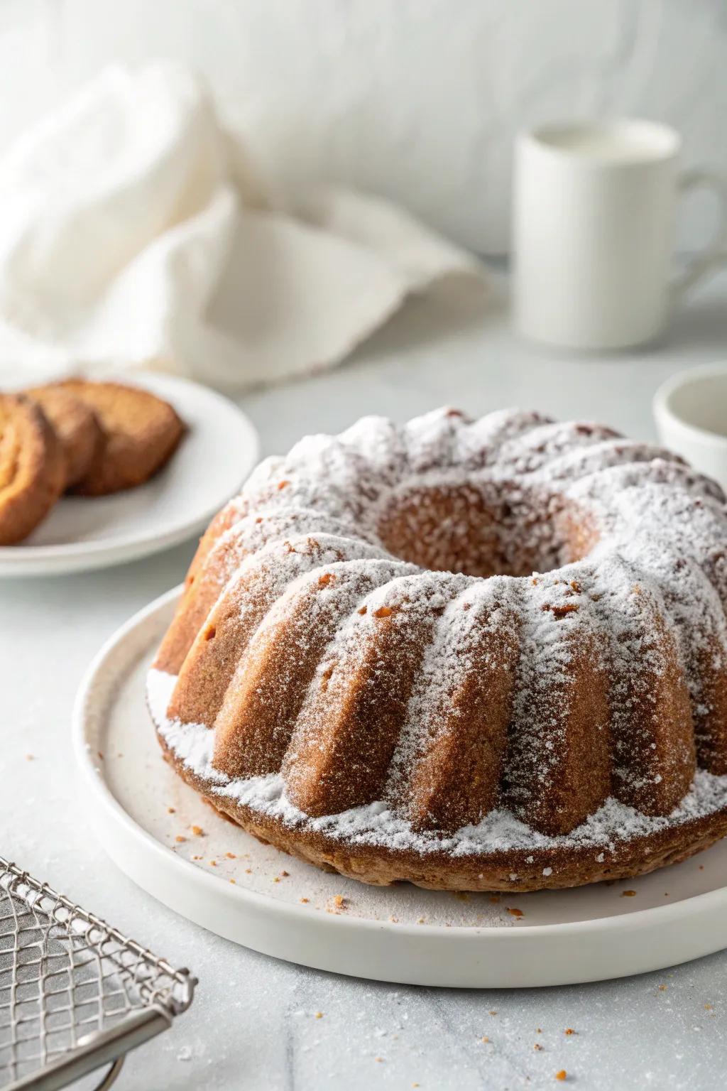 A bundt cake delicately dusted with powdered sugar to highlight its details.