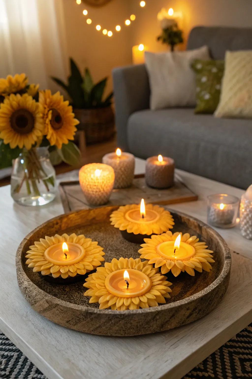 Candles shaped like sunflowers create a cozy glow and a pleasant scent.