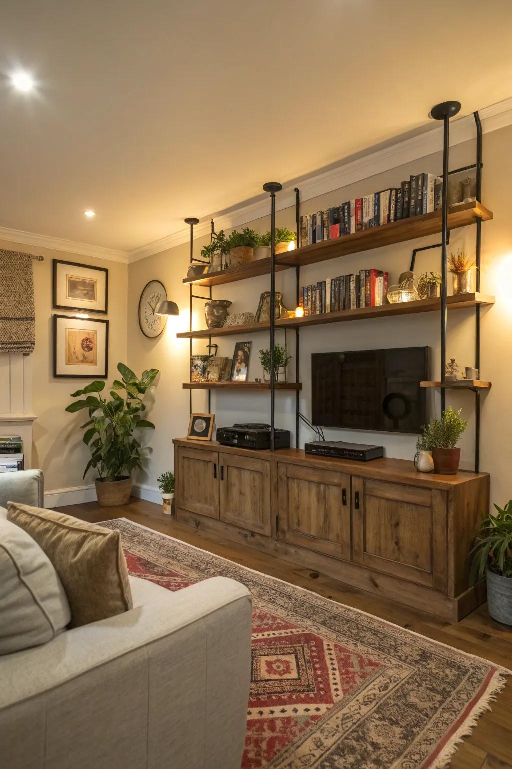 Shelving components conceal plumbing while adding storage.