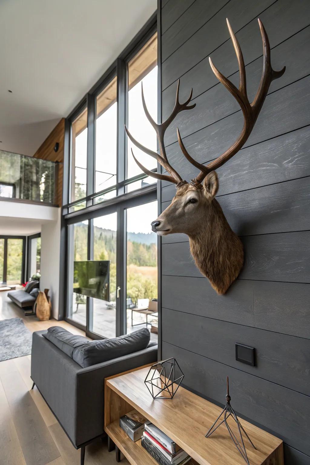 The combination of wood and metal results in a modern deer antler display for a stylish living area.