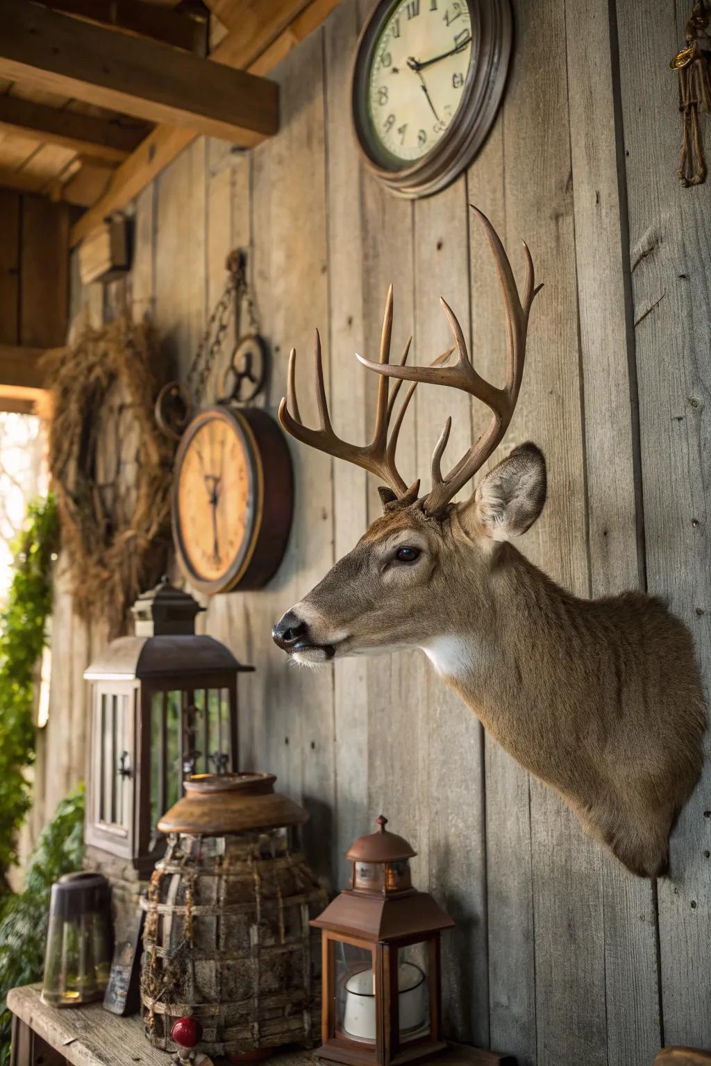 A deer mount complemented by rustic barn wood and vintage decor.