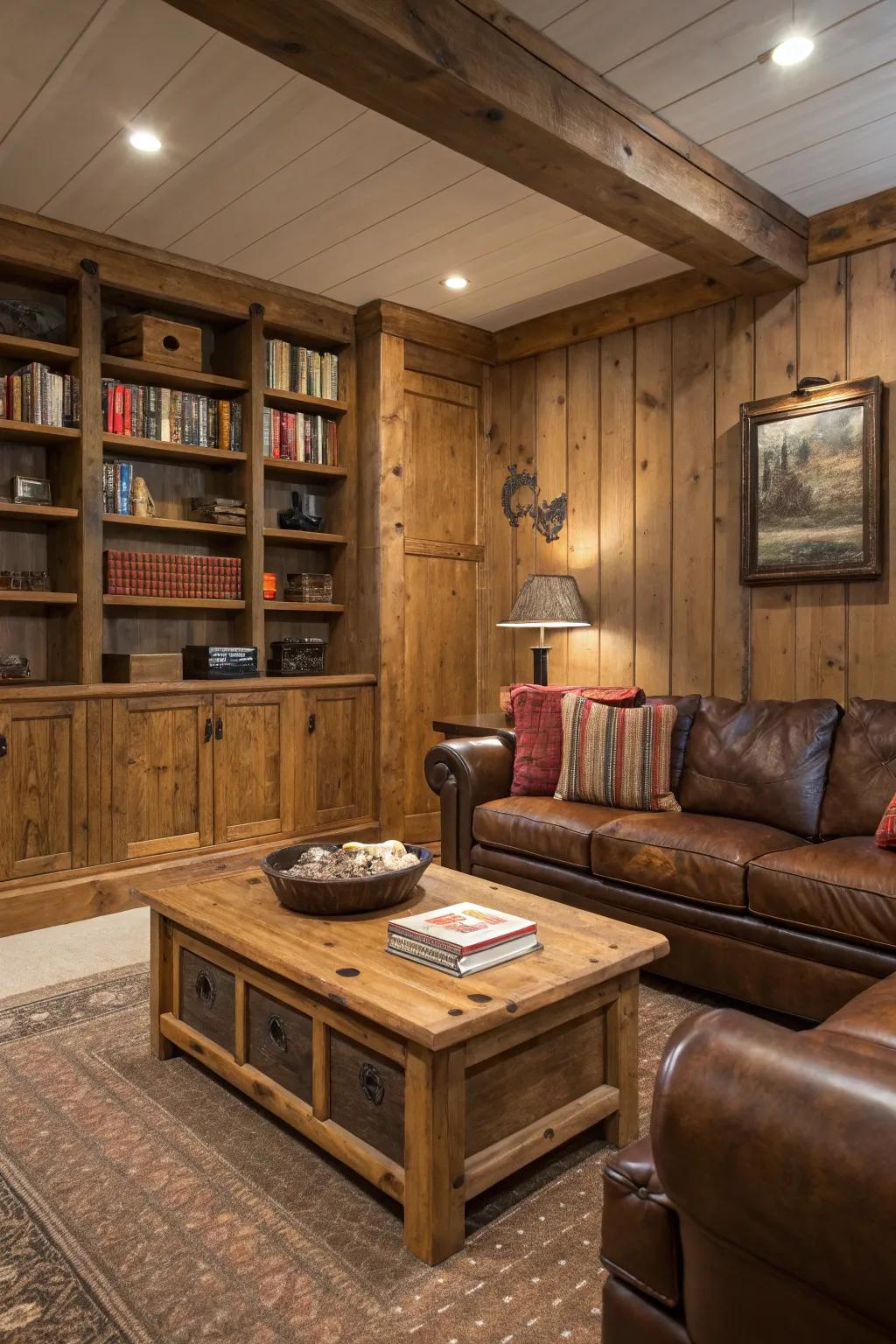 Organic elements create a rustic den feel.