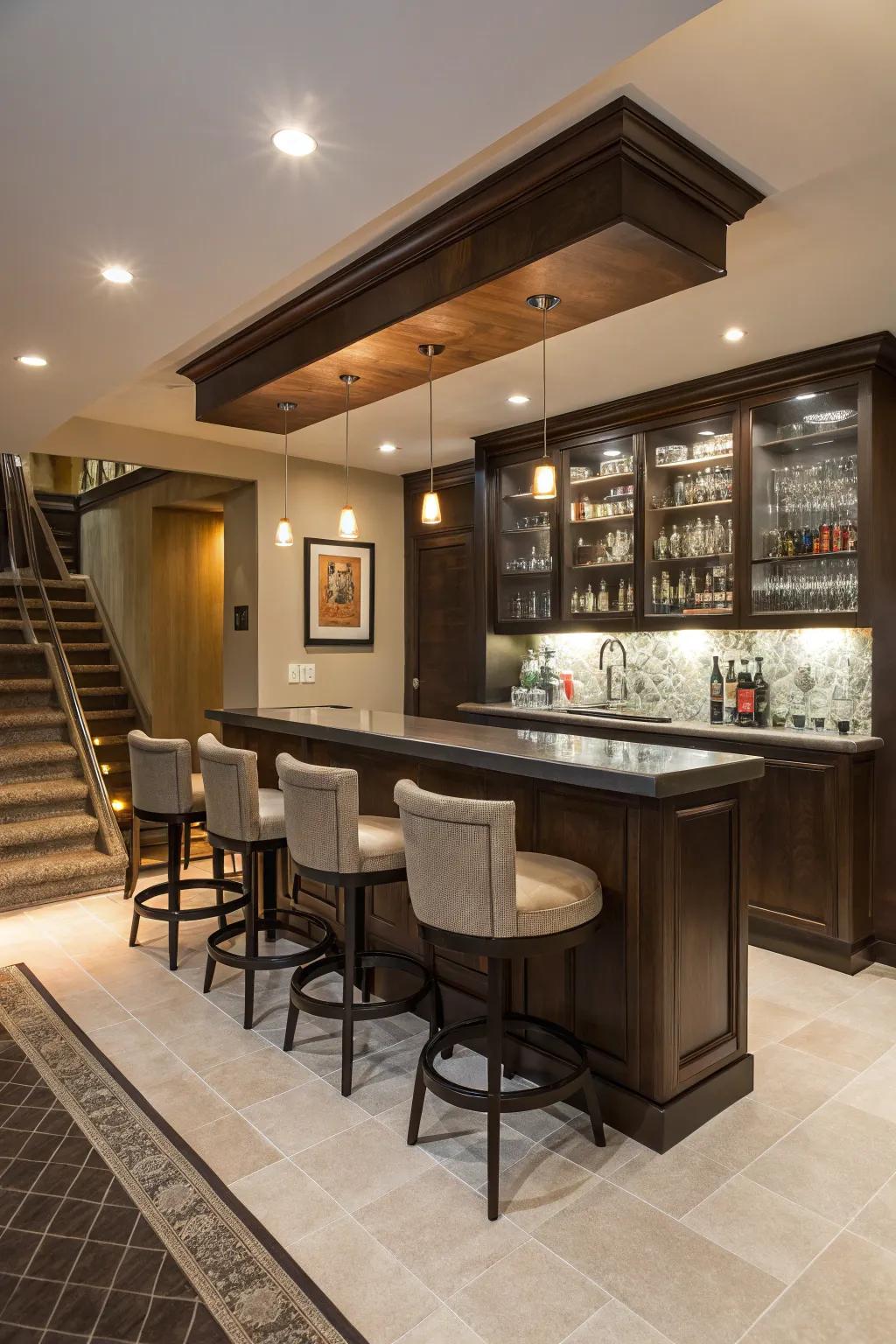 A den with a fashionable home bistro arrangement for entertaining company.