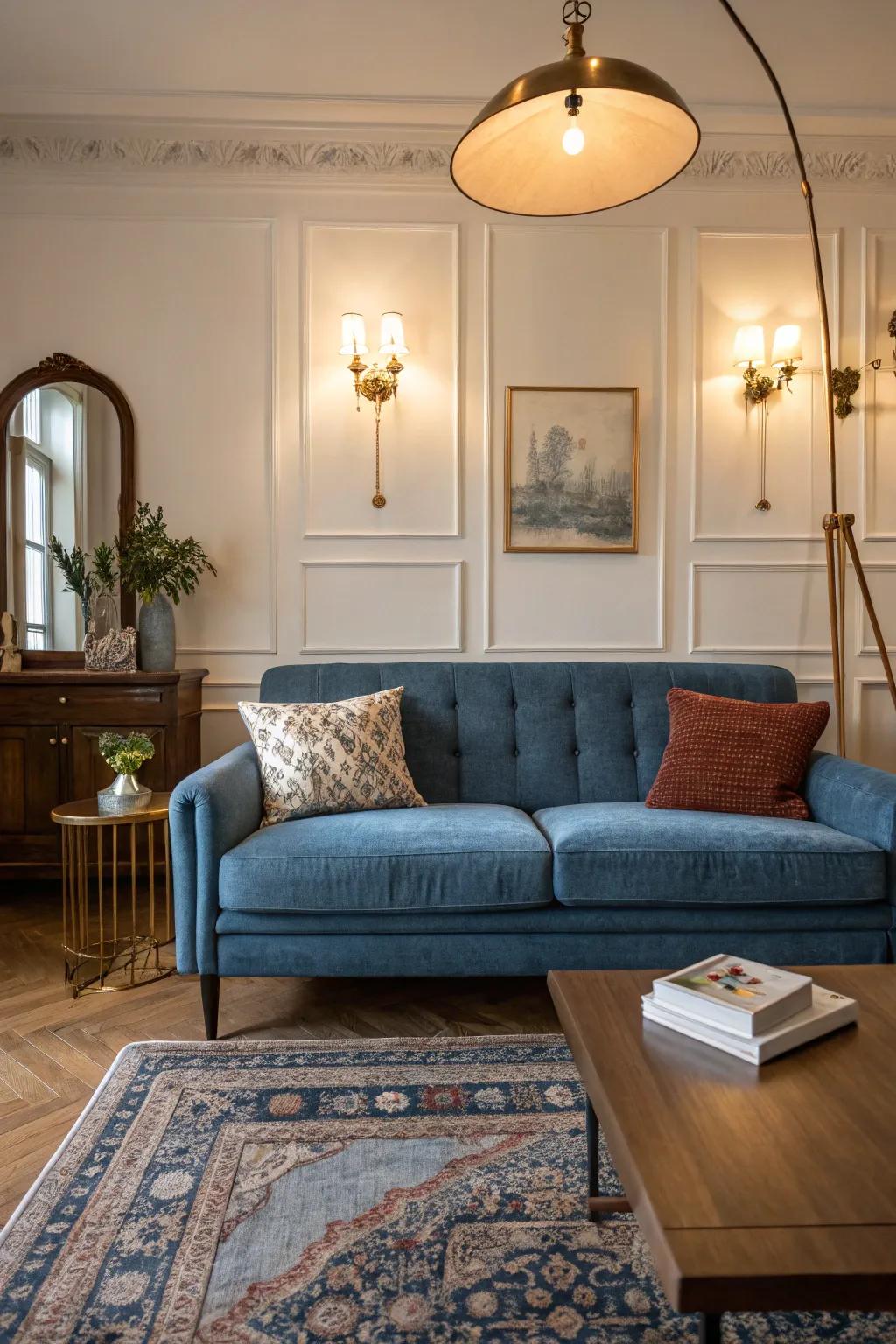 A mix of current and timeless aspects surrounding a cerulean settee.