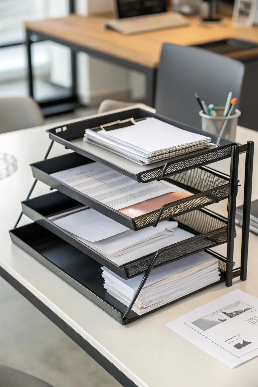Leveled trays for an accessible and tidy desk.