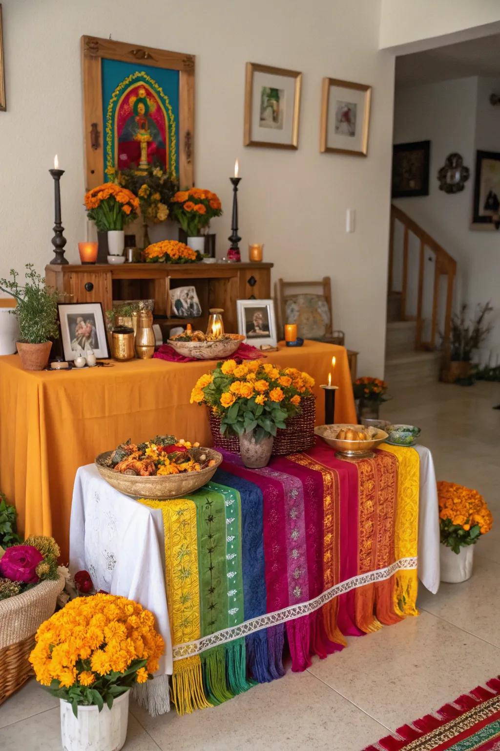 Colored fabrics provide a vibrant backdrop for the altar.