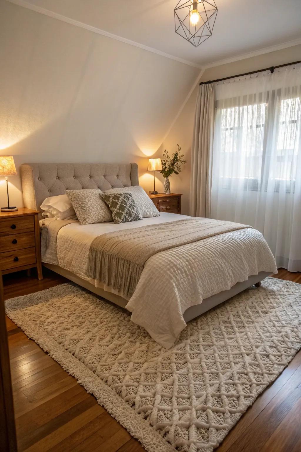 A carpet anchors the diagonal bed and adds comfort.