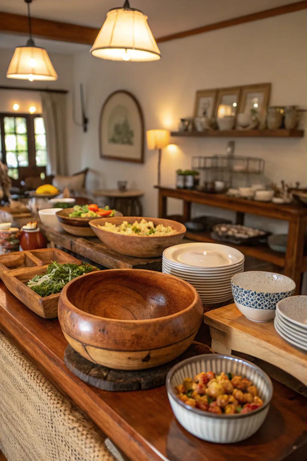 Organic elements contribute warmth and texture to this buffet decor.