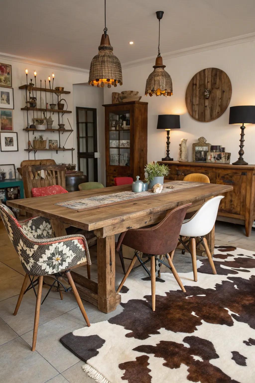 Showcase quirky charm with a cowhide rug.