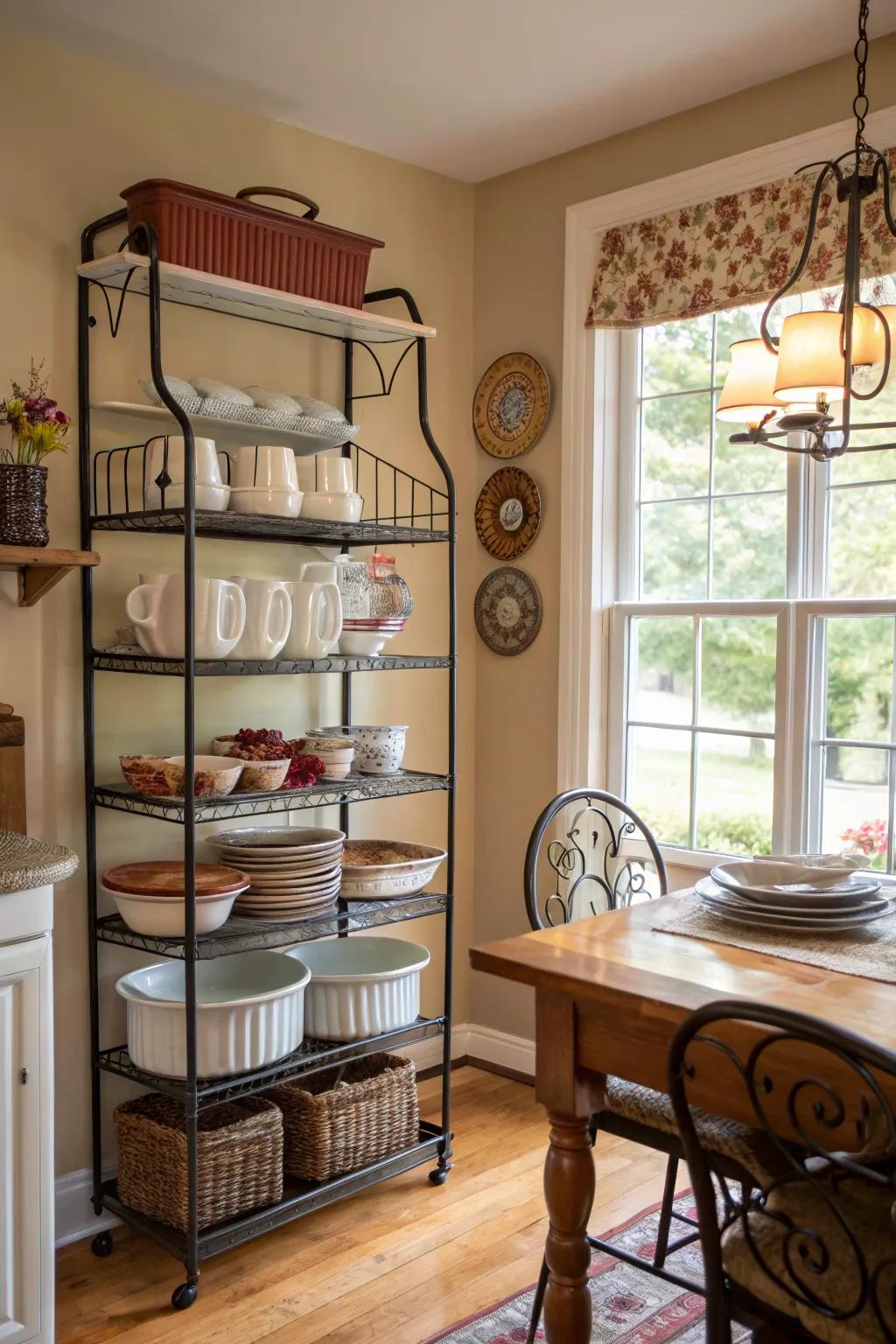 Baker's racks offer vertical storage, ideal for smaller dining rooms.