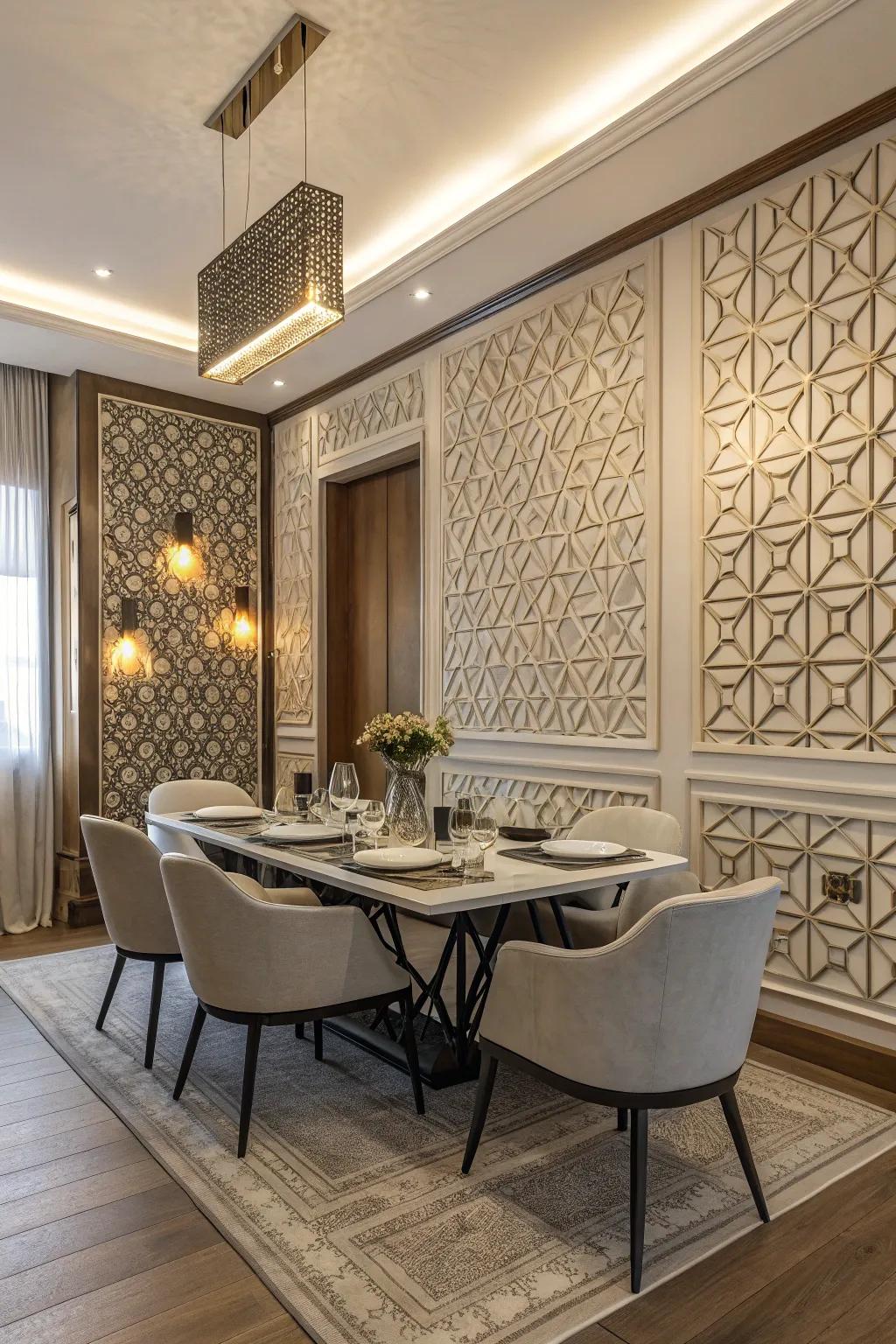 This dining room's geometric patterned wainscoting imparts a cutting-edge creative influence.