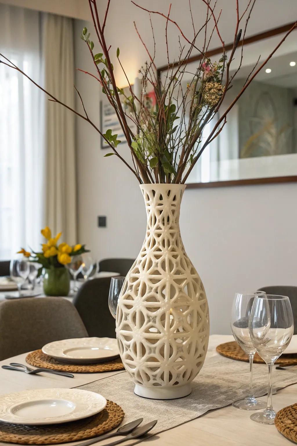 An artistic vessel functions both as a centerpiece and a captivating artistic highlight.