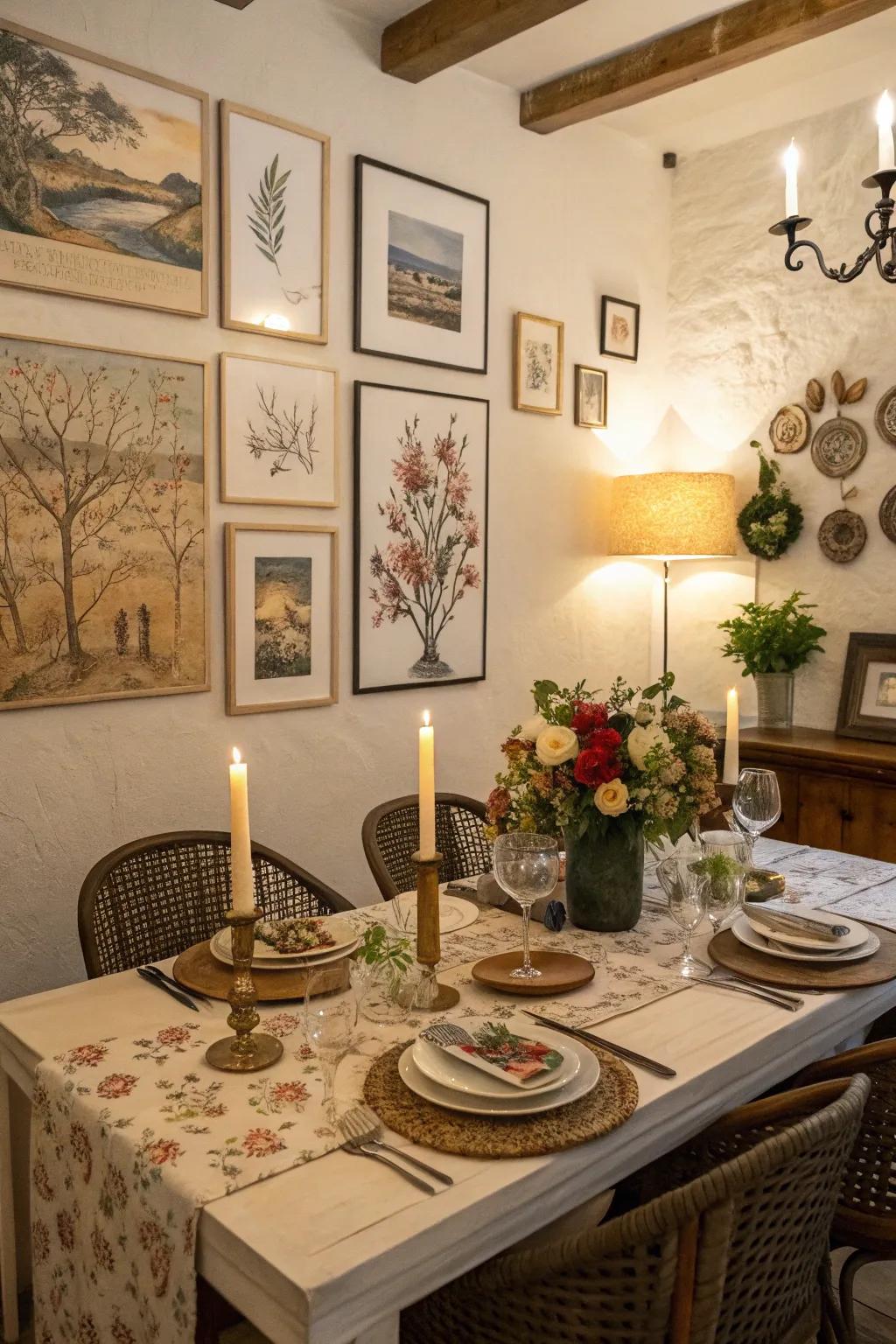 A dining area featuring wall art and decorative features.