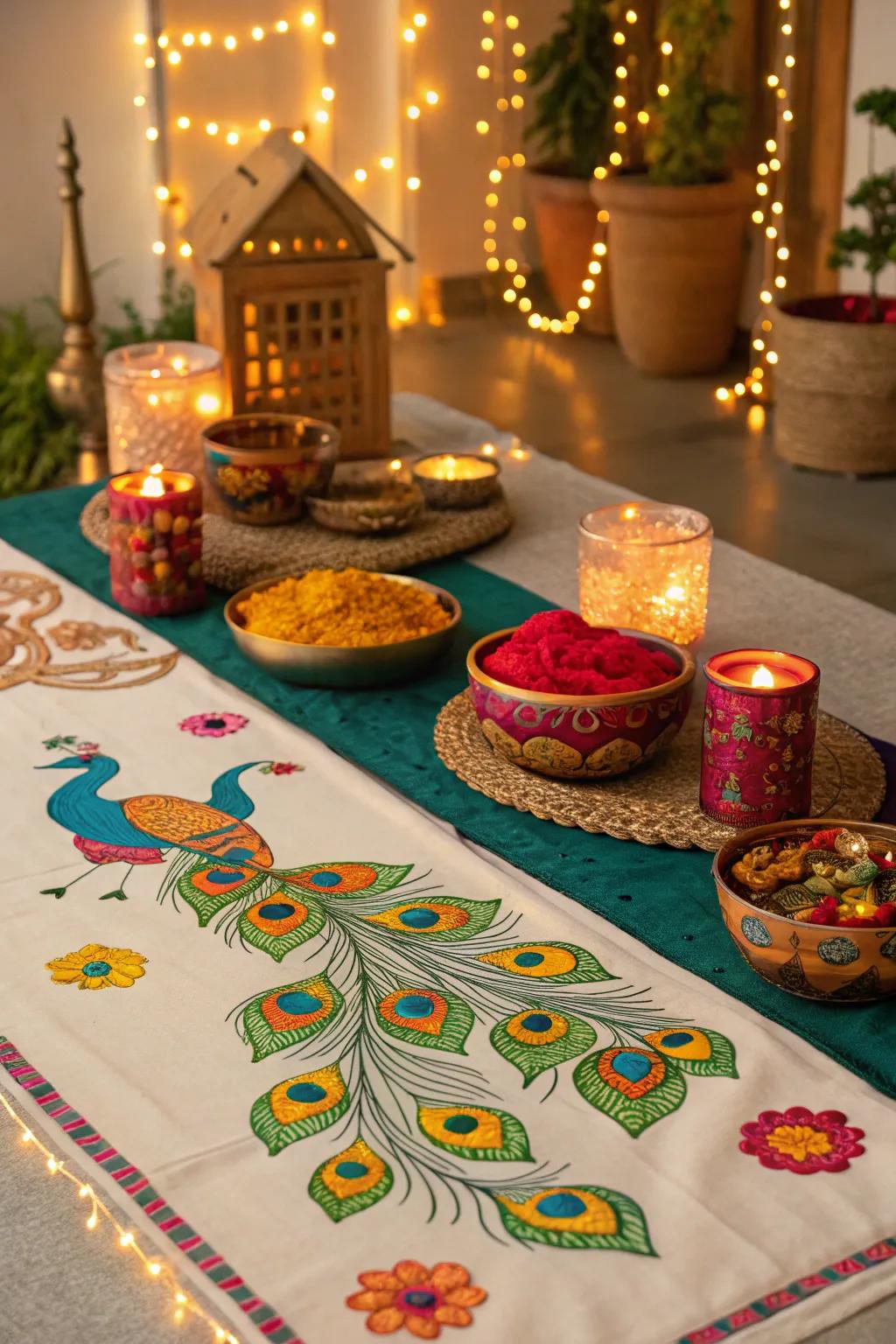 Cultural elements such as peacock designs add authenticity to the Diwali decoration.