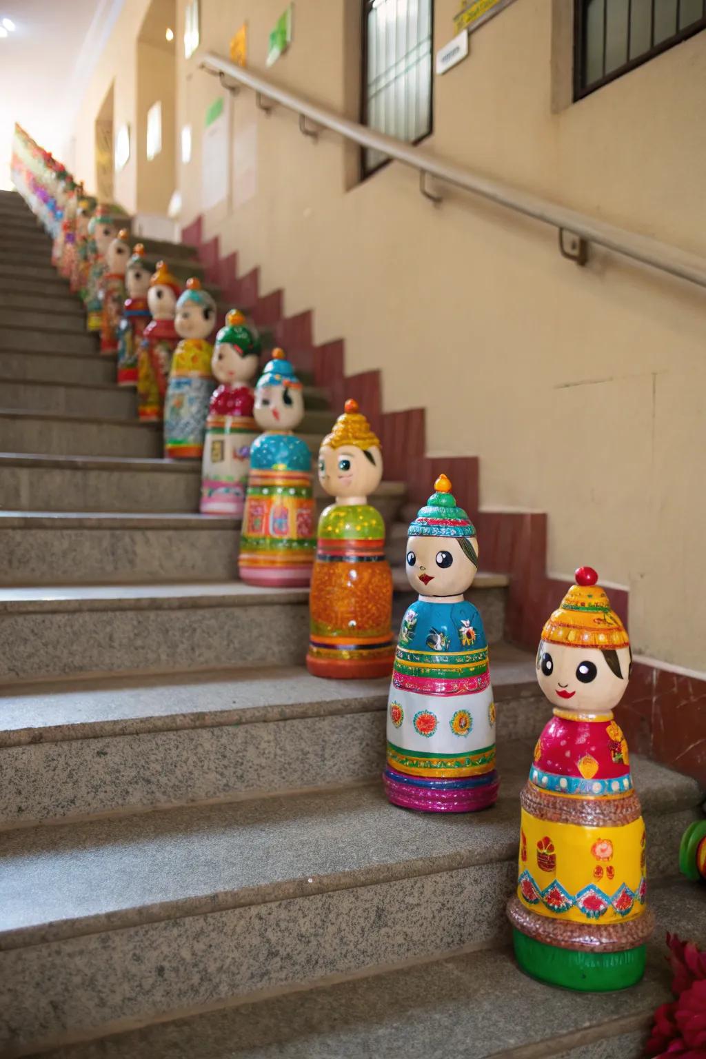 Upcycled plastic receptacles transmuted into exquisite Golu figurines.