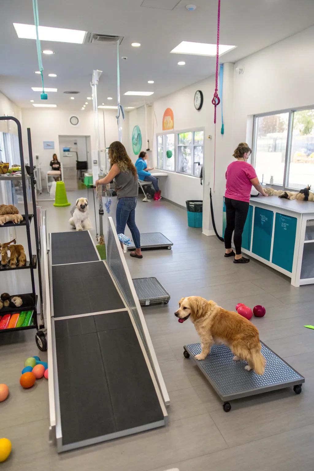 A pet-welcoming salon boasting considerable area and ramps.