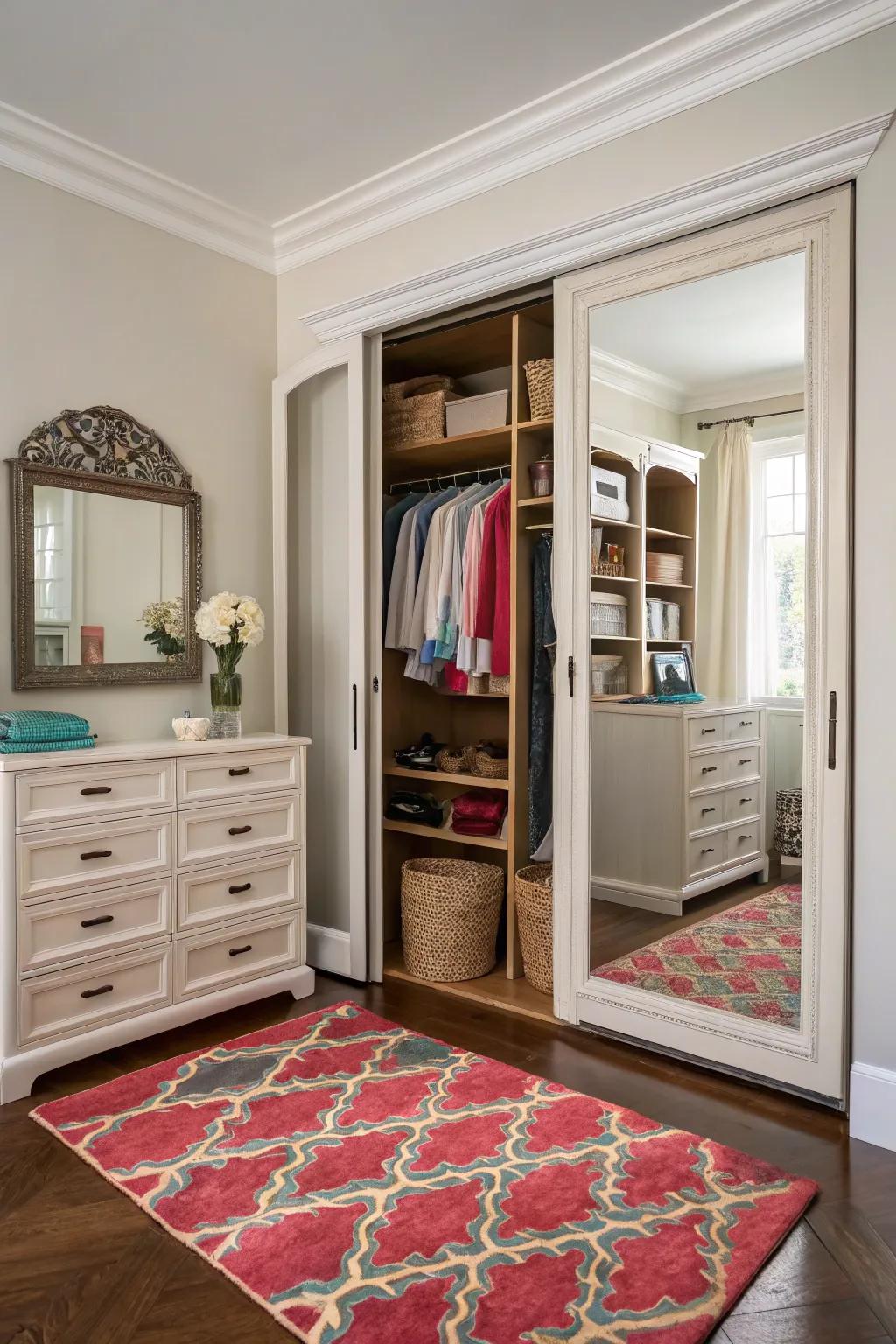 A double closet space is enhanced by decorative elements that add charm and character.