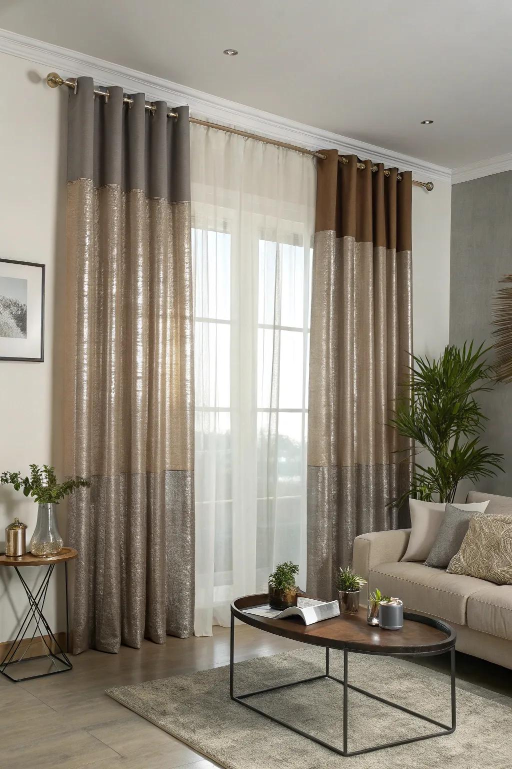 Metallic sheers enhance these layered curtains with a modern, chic flair.