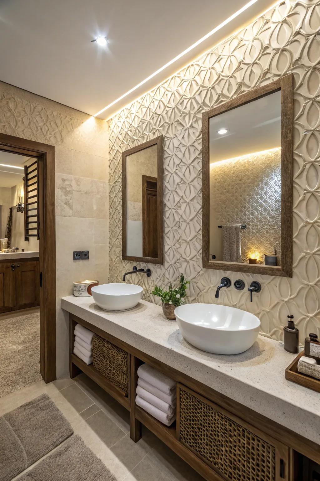 Textured walls add depth and interest to this bathroom with double sinks.