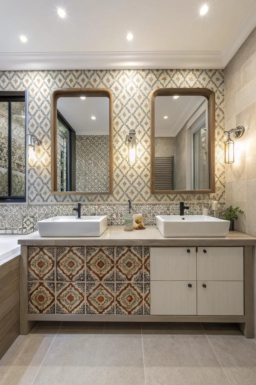 Textured wall coverings and patterned tiles generate visual appeal.