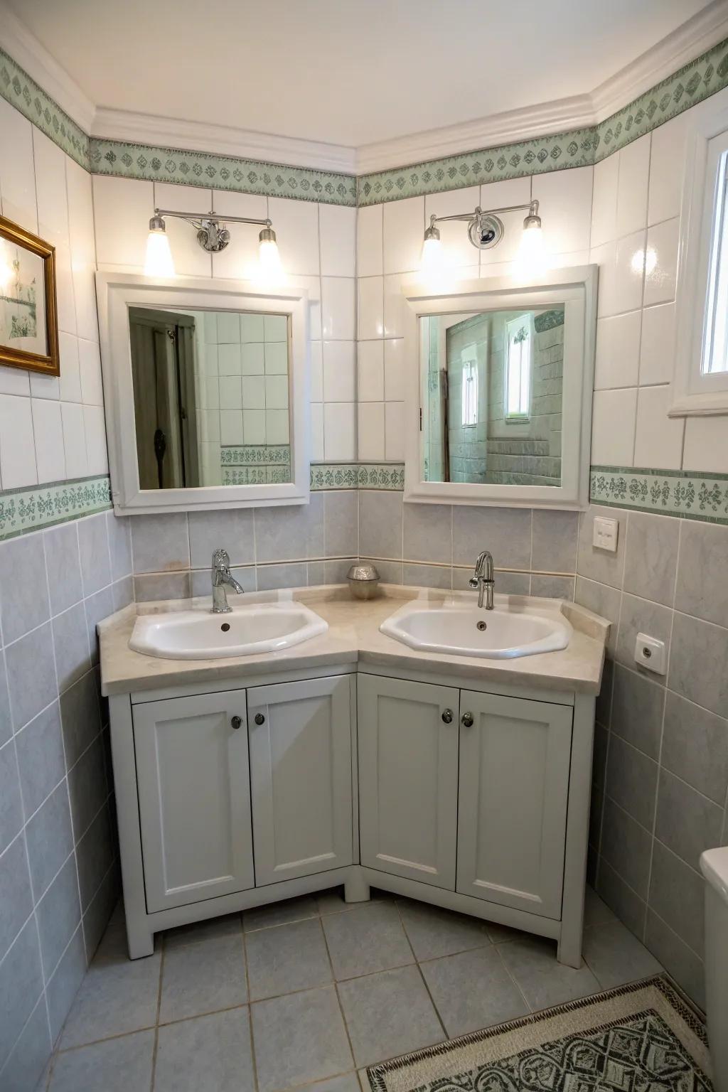Corner vanities optimize space efficiency.