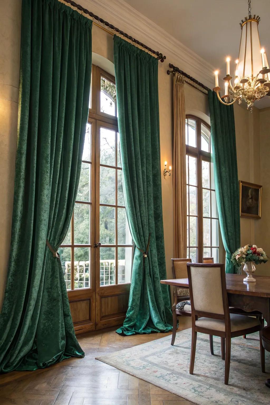 Plush emerald green drapes enriching a dining room with a luxurious touch.